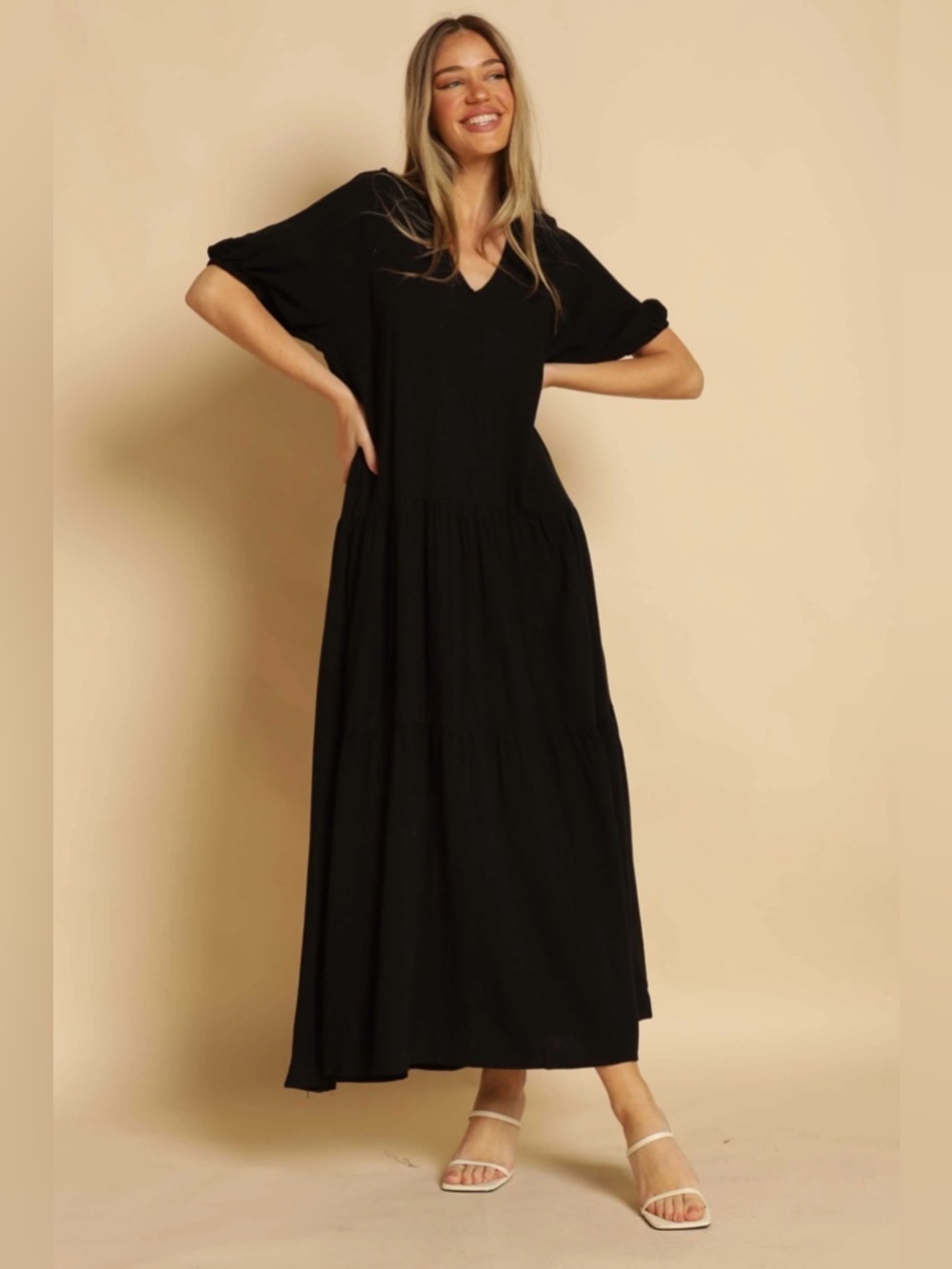 Black Linen Tiered Dress - Picture 2 of 4